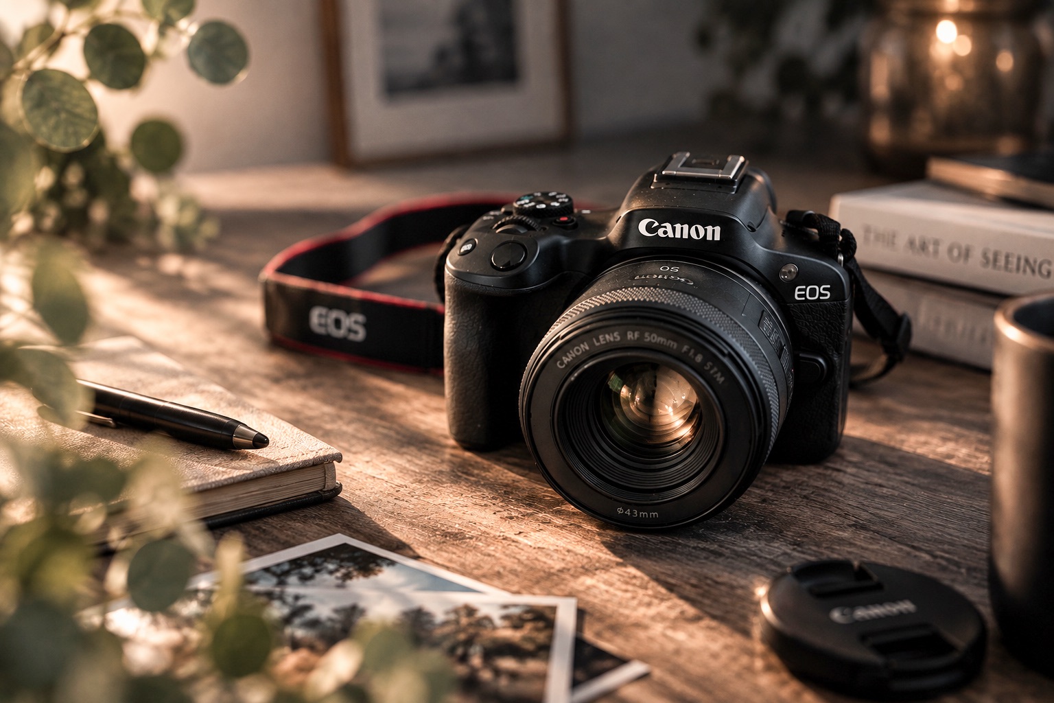 Canon-Kamera mit aufgesetztem Objektiv auf einem Holztisch, umgeben von einem Notizbuch, Fotoabzügen, Büchern und einer Pflanze.